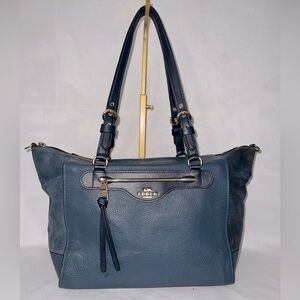 Coach Cleo Pebbled Leather and Suede Carryall
Slate Blue
17”W x 9”H x 6”D